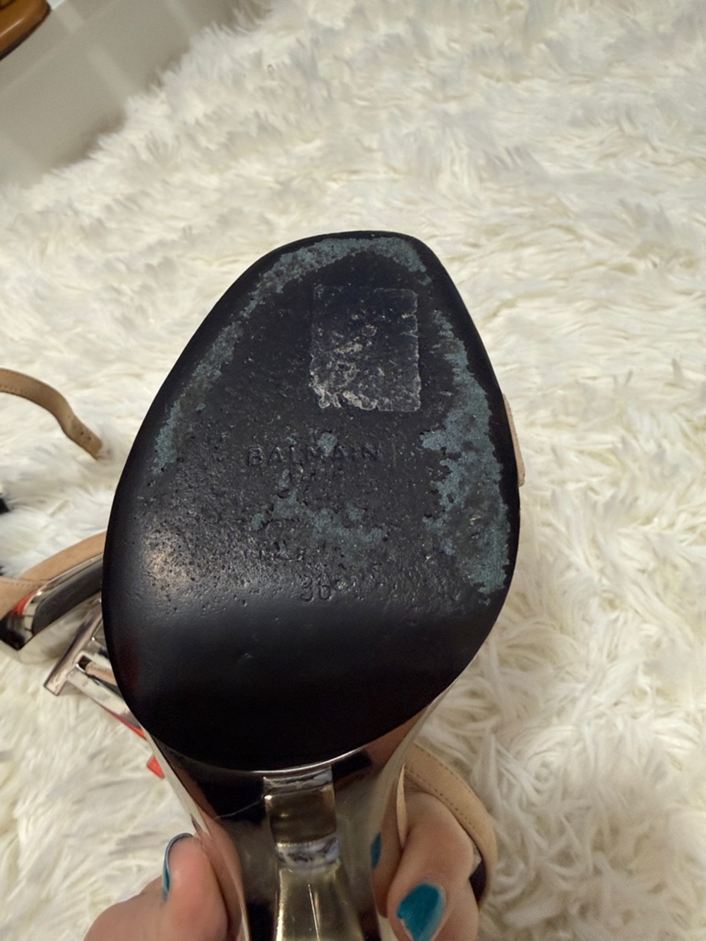 Balmain Beige Suede Ankle-Strap Heels with Sculptural Metallic Logo Heel - Picture 4 of 8